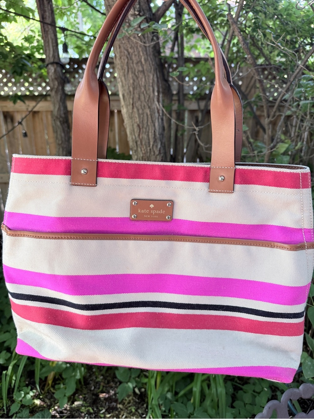 Rare Kate Spade Daycation Bon Shopper Striped Canvas Tote Bag Pink Magenta Cream